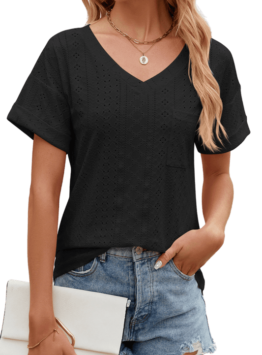 Eyelet V-Neck Short Sleeve T-Shirt - Whimsical Appalachian Boutique