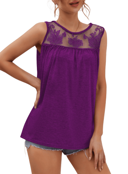 Lace Detail Round Neck Tank Top - Whimsical Appalachian Boutique