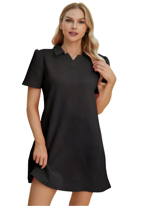 Chic black textured dress with short sleeves and collared design