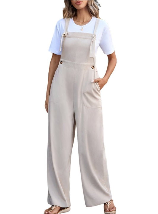 Front view of Tied Wide Leg Overalls with adjustable tie straps and wide legs.