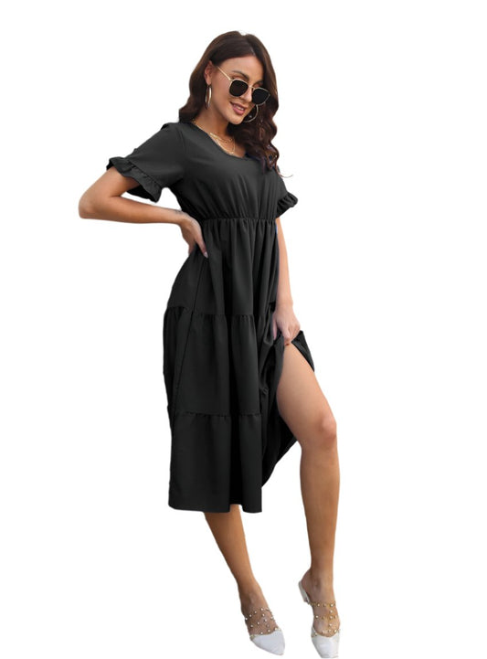 Black ruffle sleeve midi dress with a tiered skirt and relaxed fit.