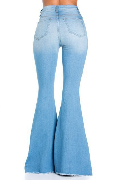Women's light blue GJG Denim Logan Bell Bottom Jean with stretch