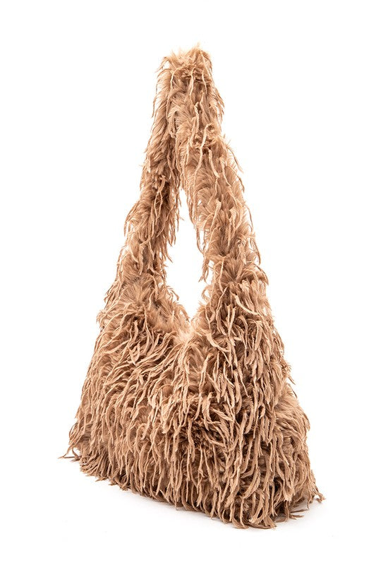 Trendy oversized hobo bag featuring faux feather texture and snap closure.