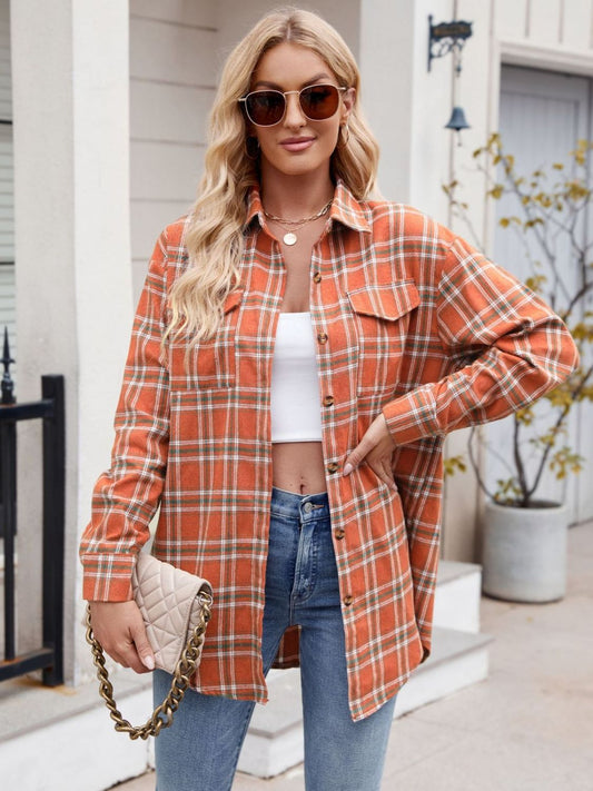 Lightweight orange plaid shirt styled with gold accessories for fall.