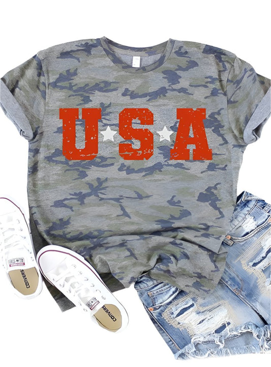 Front view of USA with Silver Stars Graphic Tee in vintage camo pattern.