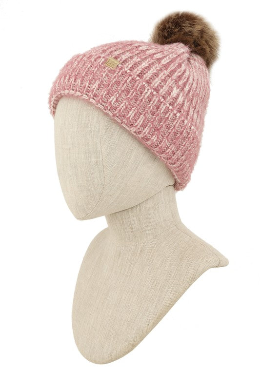 Women's rose sable touch beanie with intricate knit design and matching pom