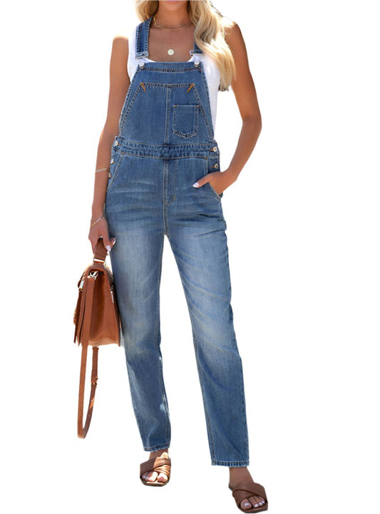Front view of Women’s Washed Blue Overalls Jeans with adjustable straps.