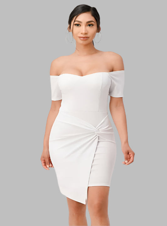 Front view of the white off-shoulder twist bodycon dress, perfect for formal events.
