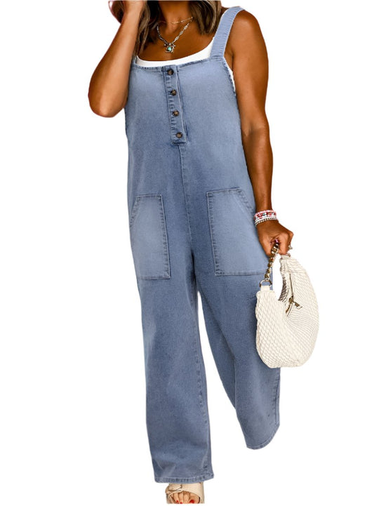 Front view of wide strap denim overalls with large front pockets.