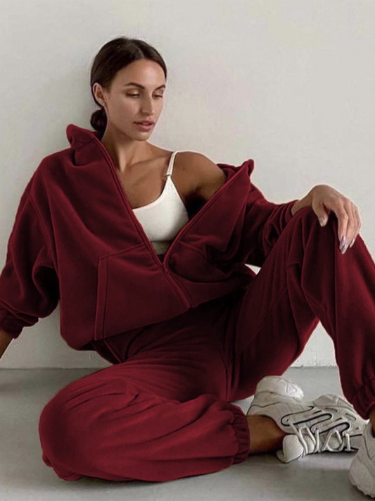Front view of a wine-colored sports leisure sweater set with hooded design.