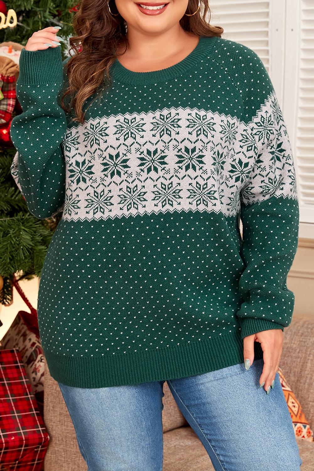 Woman in cozy green plus-size sweater, featuring a fair isle design for winter.