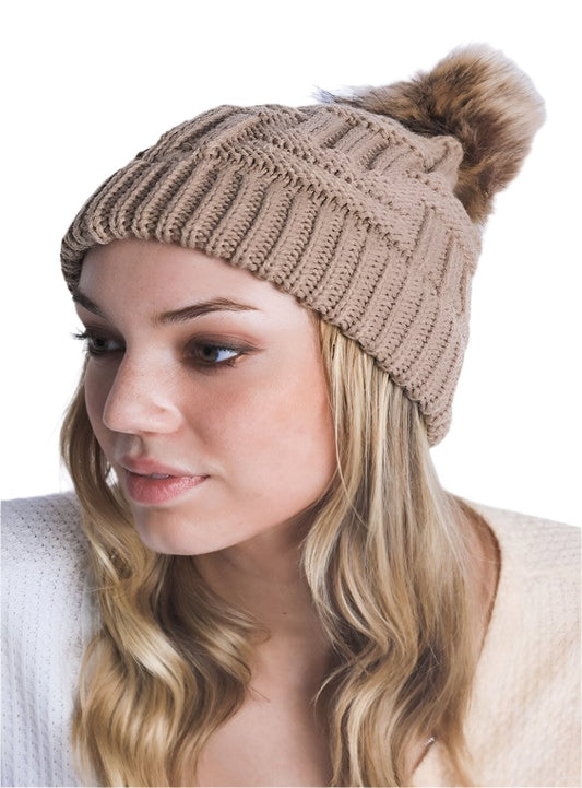 Unisex tan braided beanie with classic cable pattern