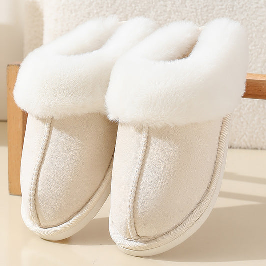 Cream winter suede fur-lined slippers with soft trim and cozy fit