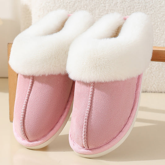 Pink fur-trimmed suede slippers perfect for cozy autumn and winter days