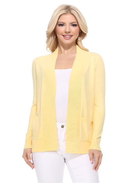 Front view of women’s open-front pocketed cardigan with long sleeves