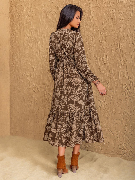 Long sleeve boho midi dress styled with suede ankle boots.