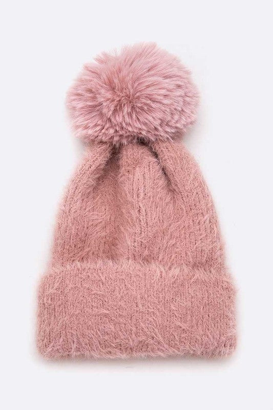 Plush blush mohair wool blend beanie with matching faux fur pom pom