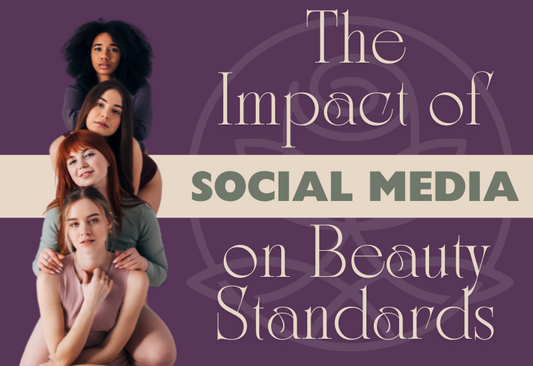 Four diverse women posing together, highlighting the impact of social media on beauty standards with a bold, elegant text overlay.