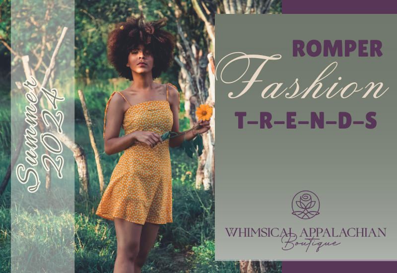 Image of a woman in a yellow polka dot romper standing in a forest holding a yellow flower, with text "Summer 2024 Romper Fashion Trends" and "Whimsical Appalachian Boutique" on the side.