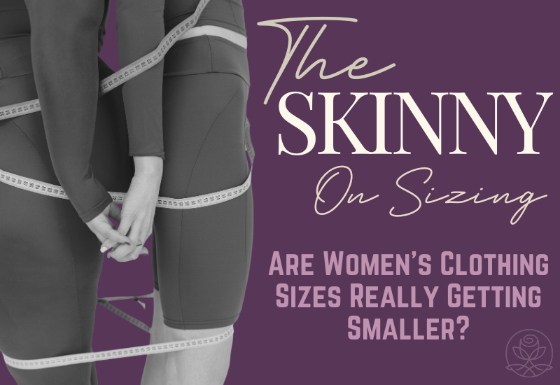 The Skinny on Sizing: Are Women's Clothing Sizes Really Getting Smaller? Image shows a woman in tight-fitting clothes wrapped with measuring tapes