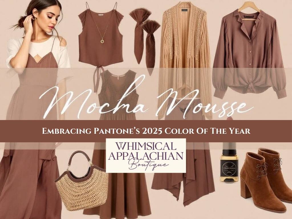 Flat lay of women's fashion items in 'Mocha Mousse,' including a tailored blazer, turtleneck sweater, leather boots, and a crossbody bag, paired with complementary tones of lavender, cream, and gold on a neutral textured background.