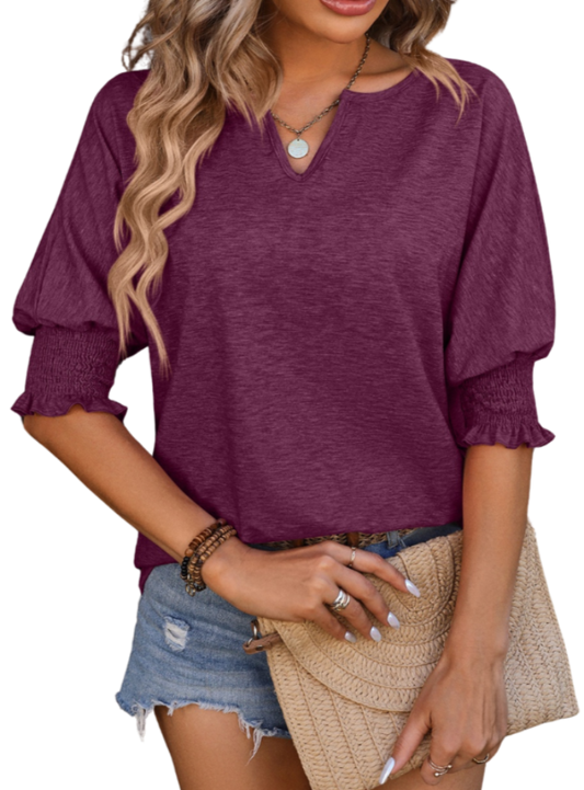 Chic Heathered Blouse with trendy lantern sleeves and a notched neckline. Perfect for any occasion. Available in 5 colors. Shop Now!