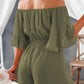 Chic off-shoulder romper with smocked waist and playful flounce sleeves, perfect for a stylish, effortless summer look.