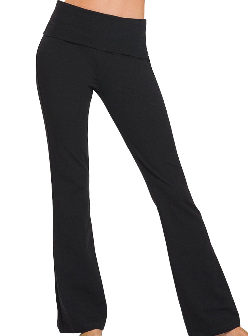 Stretchy black yoga pants with a wide waistband