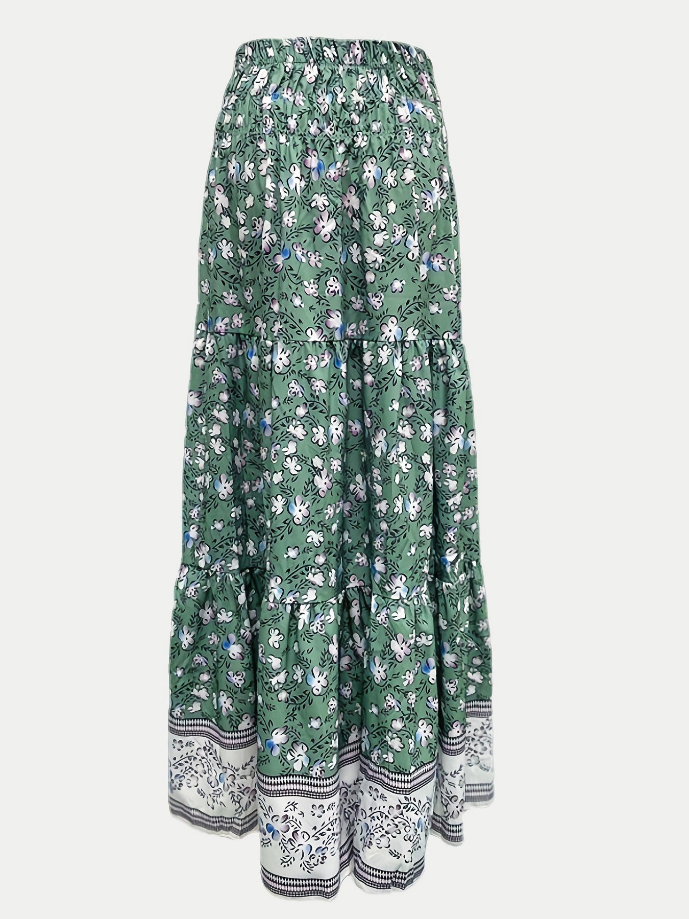 Green tiered boho skirt with floral print