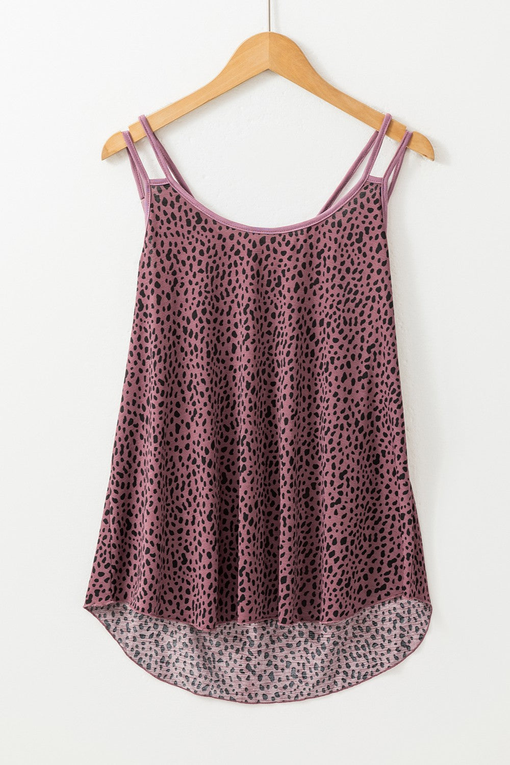 Mauve tank top with a stylish leopard print pattern.