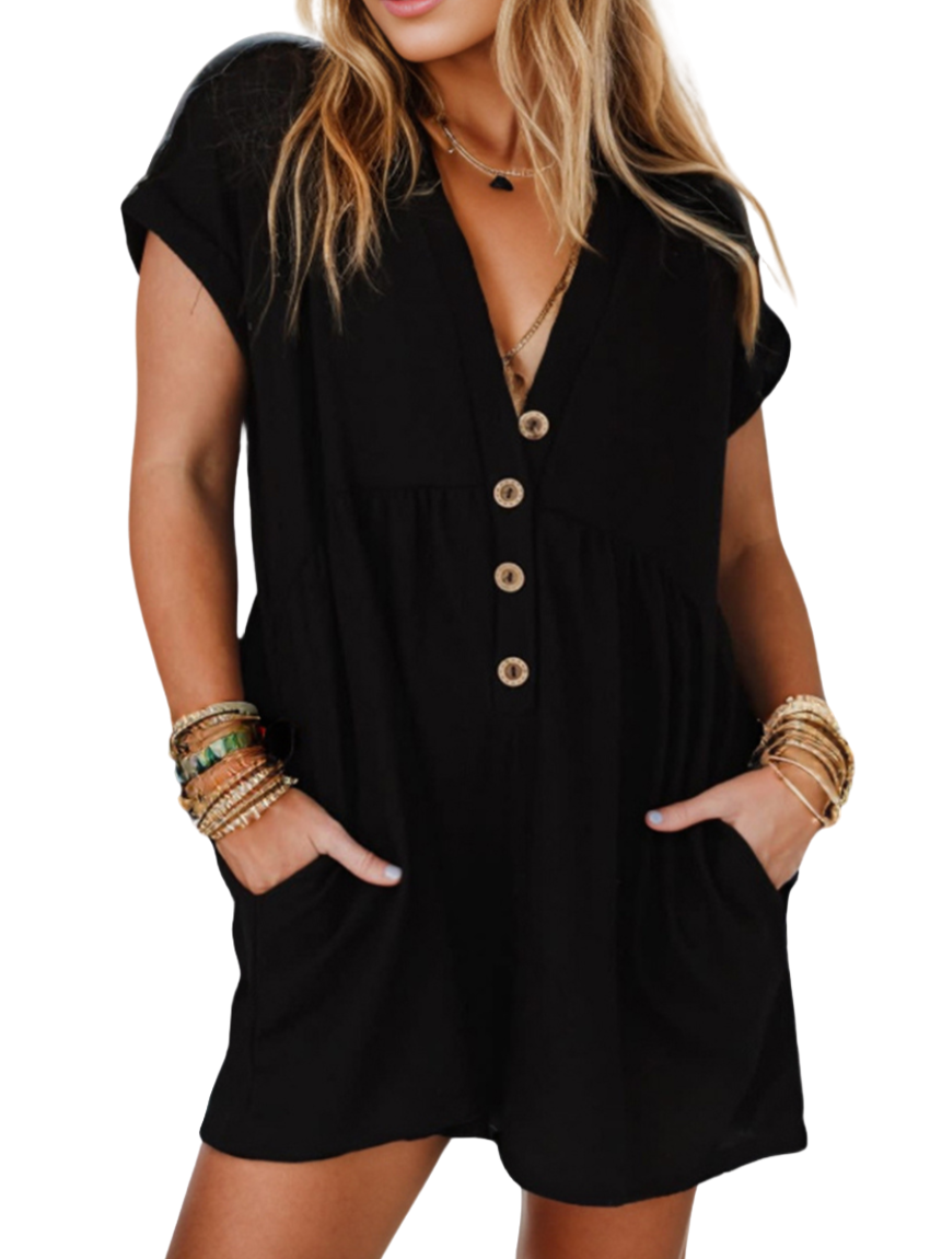 Stylish V-Neck Romper with pockets, perfect for versatile looks. Comfortable, easy-care fabric for any occasion. Grab yours now!