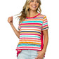 Relaxed fit plus size tee featuring colorful horizontal stripes.