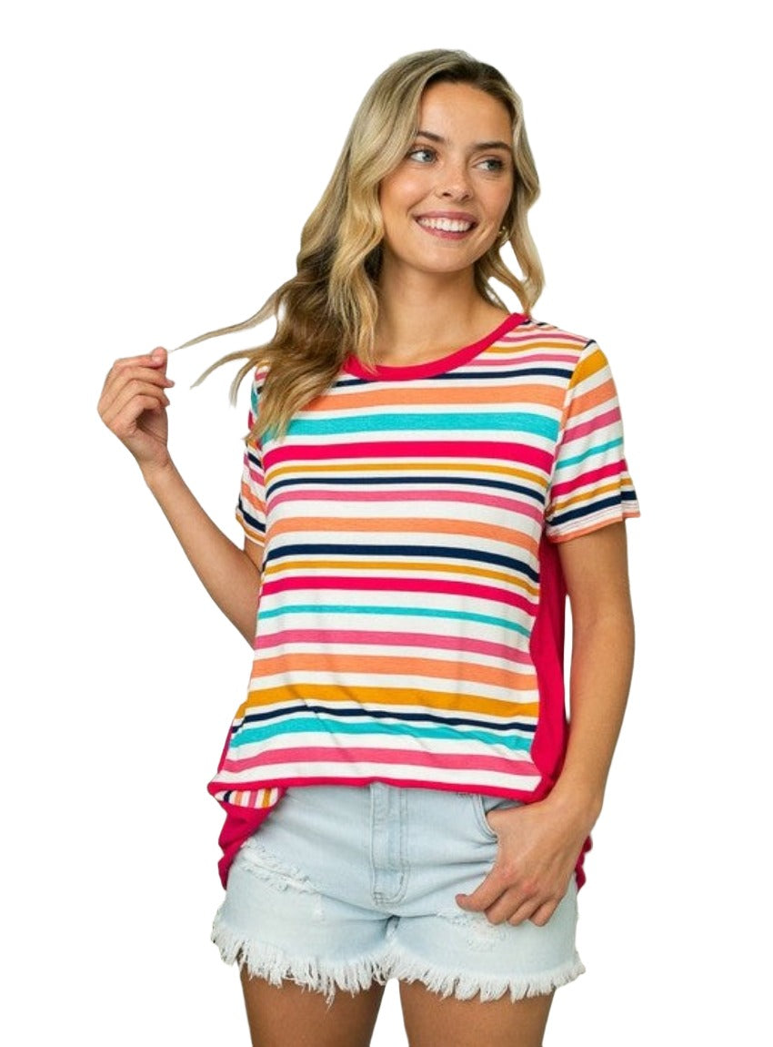 Relaxed fit plus size tee featuring colorful horizontal stripes.