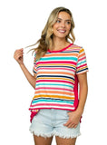 Relaxed fit plus size tee featuring colorful horizontal stripes.