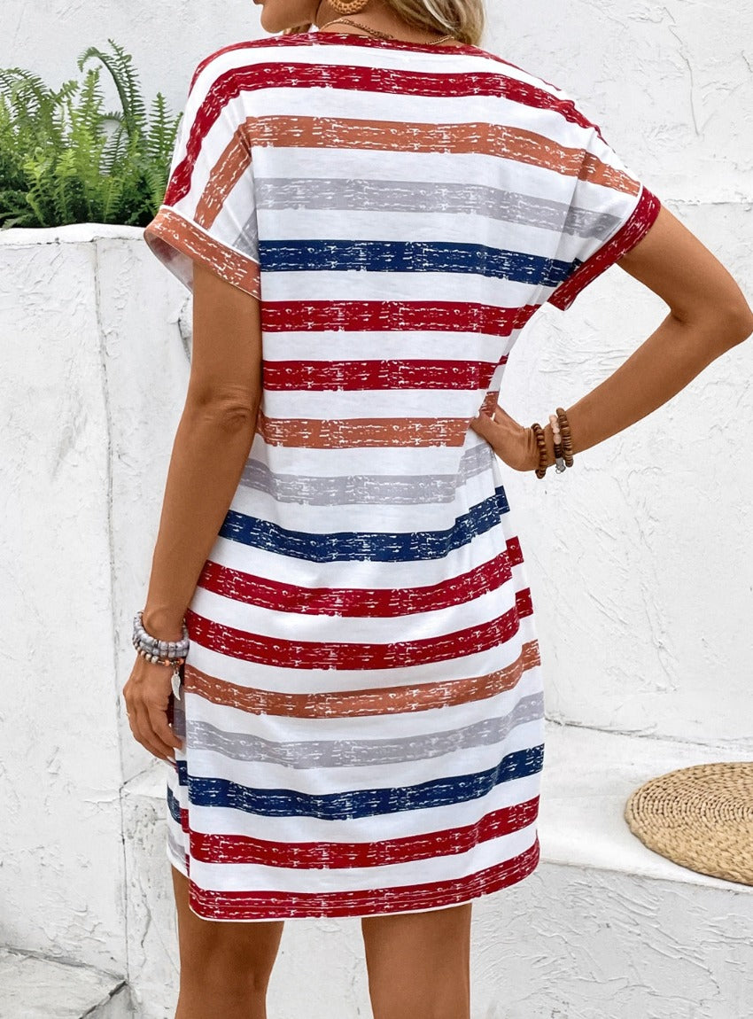 Shop the Striped V-Neck Dress for a comfy, patriotic look. Perfect for summer events or casual days out. Show your style and American pride!