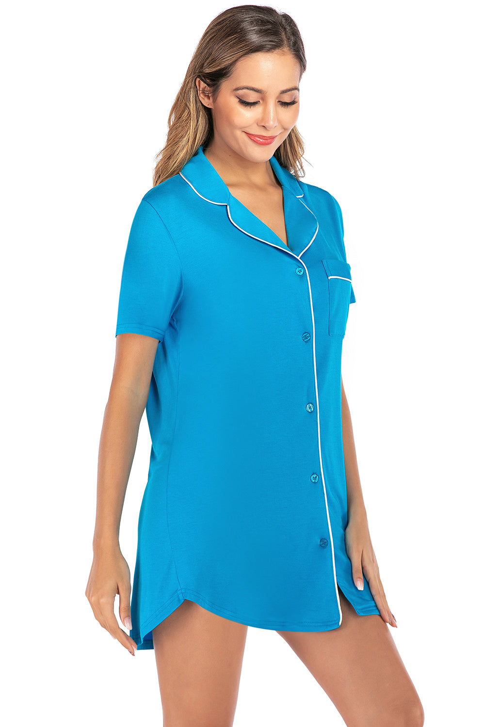 Chic short sleeve lounge dress with contrast piping and pockets, in sky blue, black, and navy. Perfect blend of comfort and style for any occasion