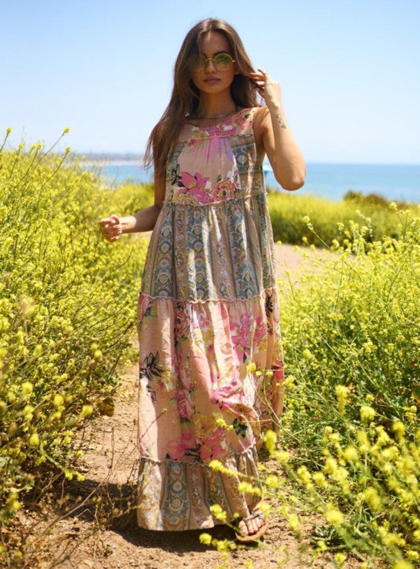 Bohemian-inspired lightweight dress with floral and geometric designs