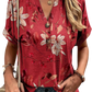 Chic red floral notched tee with a relaxed fit & boho charm, perfect for stylish comfort on sunny days