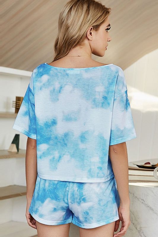 Comfortable tie-dye lounge outfit in sky blue, featuring a soft fabric.