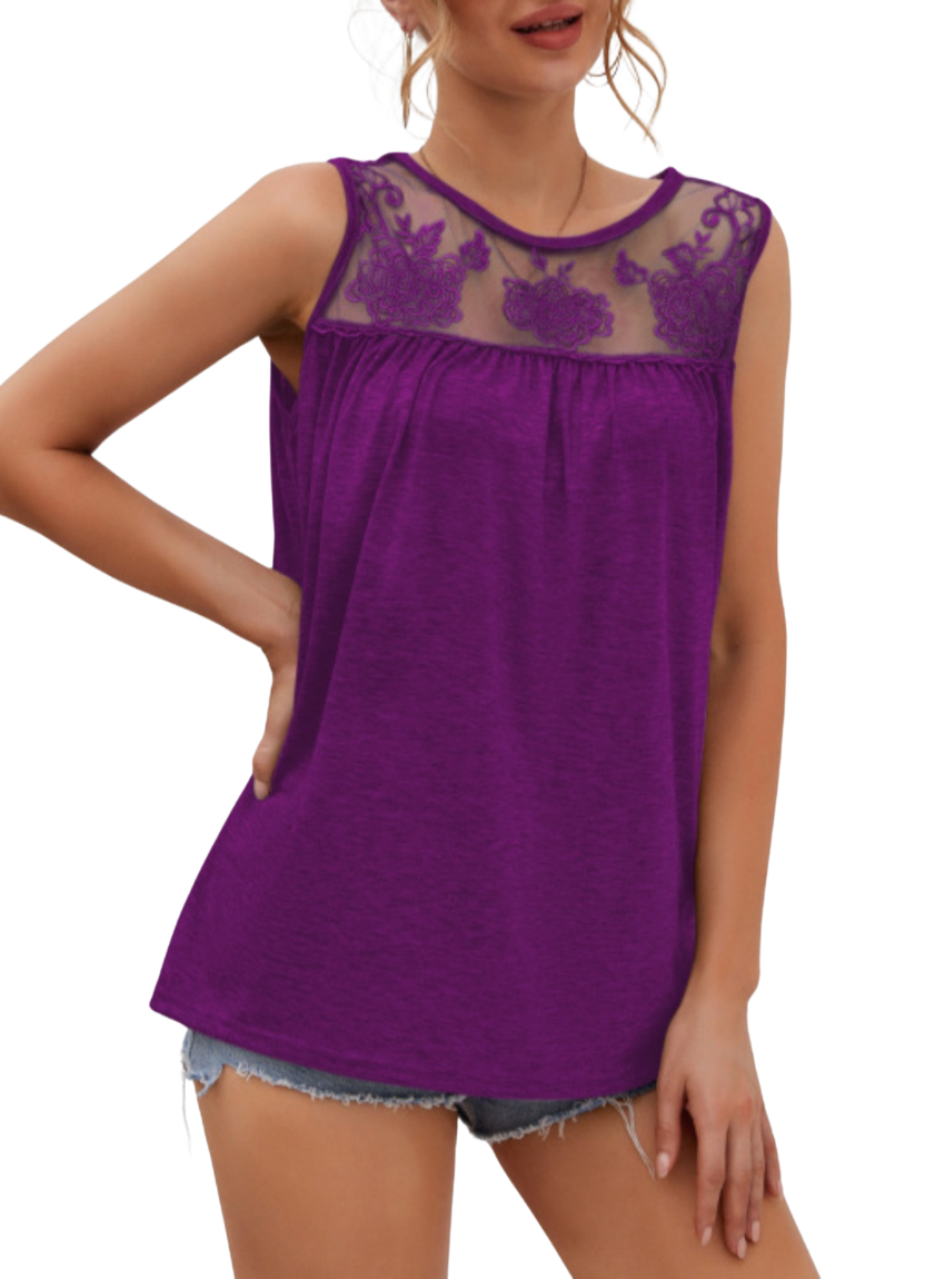 Elevate your style with our Lace Detail Round Neck Tank - perfect for any occasion, available in 7 colors. Comfort meets elegance!