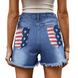 Step into the bold US Flag Distressed Denim Shorts, a perfect blend of patriotic flair and trendy style for any casual occasion.