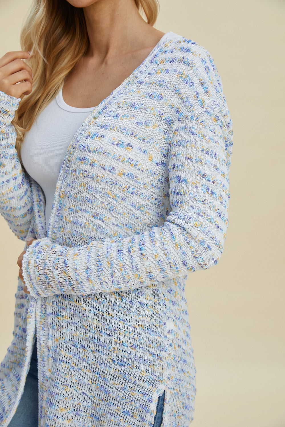 Trendy Light Blue Multicolor Knit Longline Cardigan