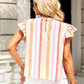 Step into summer with this breezy, ruffled striped blouse. Perfect for any occasion, it blends comfort with a splash of color for everyday elegance.