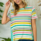 Women's plus size striped top featuring playful rainbow stripes.