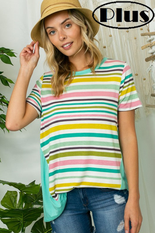 Women's plus size striped top featuring playful rainbow stripes.