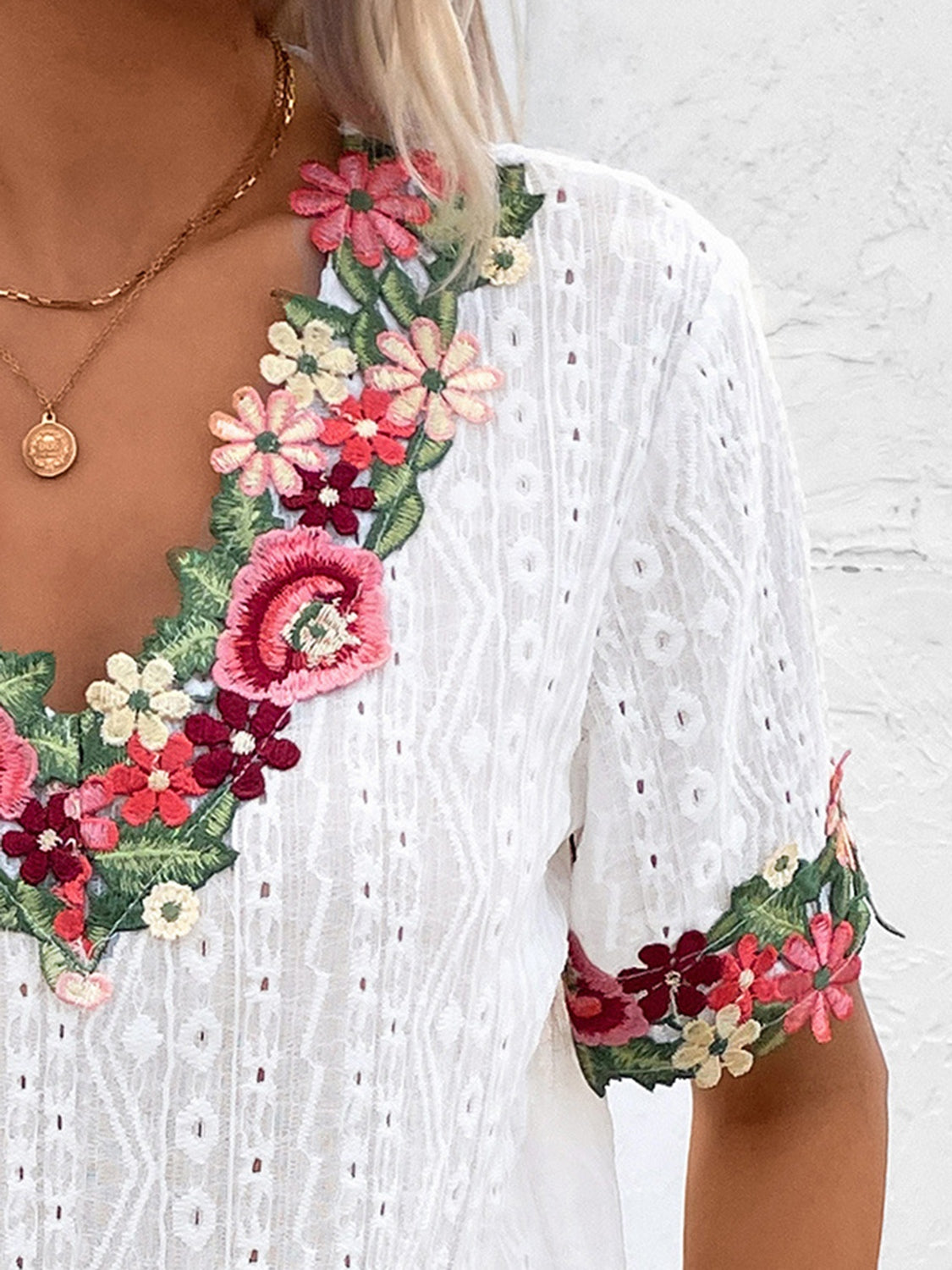 Discover the chic Eyelet Embroidered V-Neck Blouse in four colors. Perfect blend of comfort and style for any occasion. Shop now!