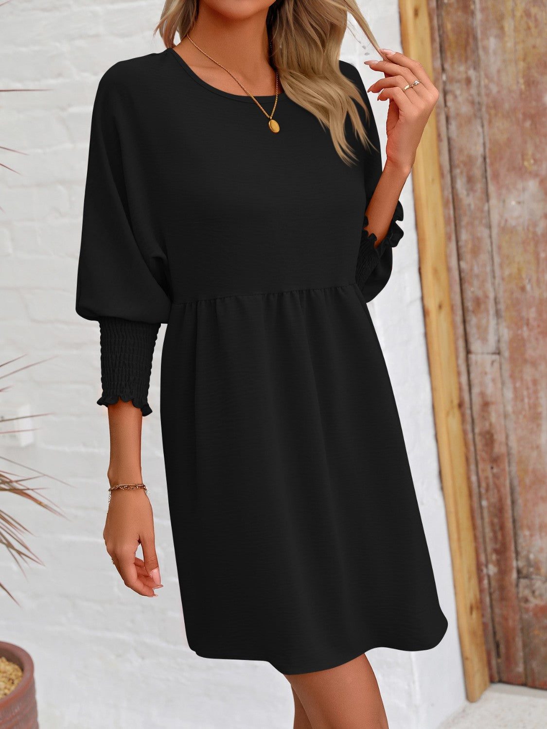 Chic Round Neck Lantern Sleeve Mini Dress for a stylish look. Perfect for any occasion, easy to style, and comfortable all day long