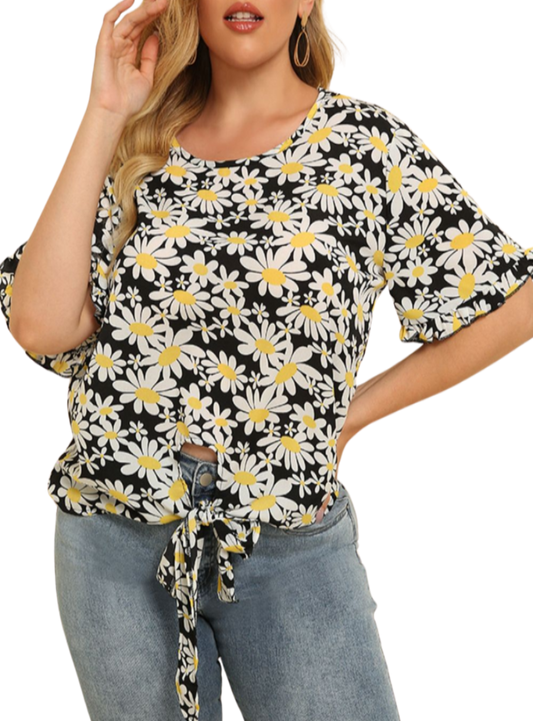 Chic Plus Size Floral Blouse with a flattering tie hem design, perfect for casual or work wear. Embrace style with comfort!