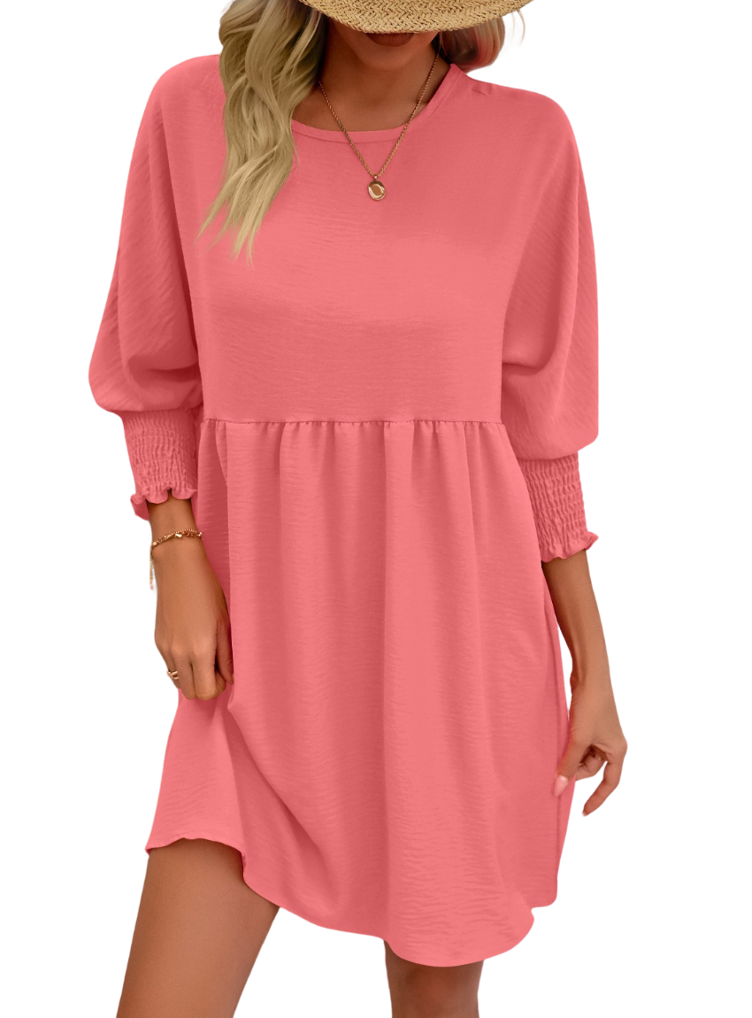 Chic Round Neck Lantern Sleeve Mini Dress for a stylish look. Perfect for any occasion, easy to style, and comfortable all day long