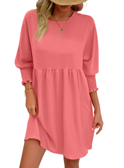 Chic Round Neck Lantern Sleeve Mini Dress for a stylish look. Perfect for any occasion, easy to style, and comfortable all day long